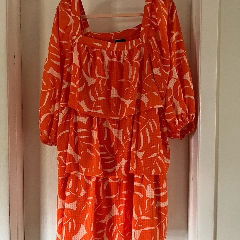 Who What Wear Orange Printed Tiered Dress with Balloon Sleeve SZ. L - Picture 2 of 6
